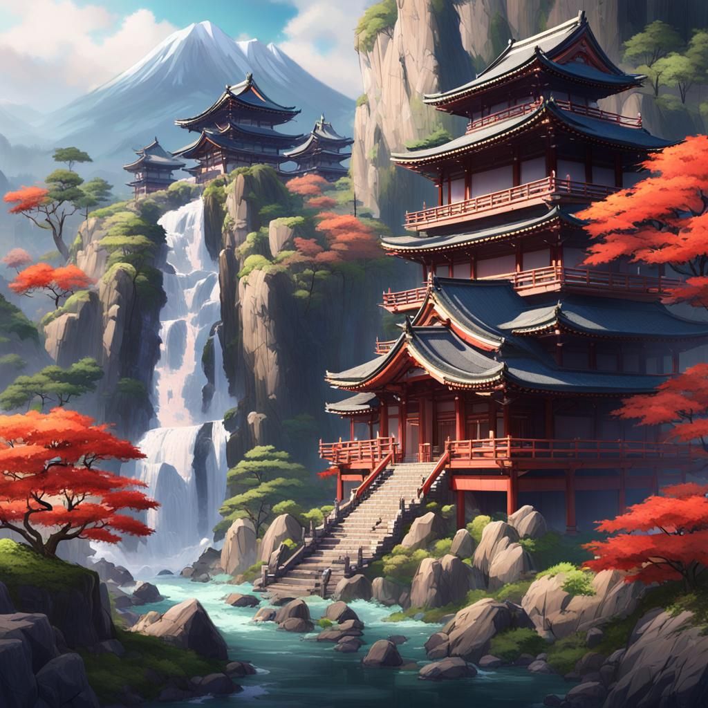 Japanese Temple on Mountain with Waterfall in 3D Anime Art
