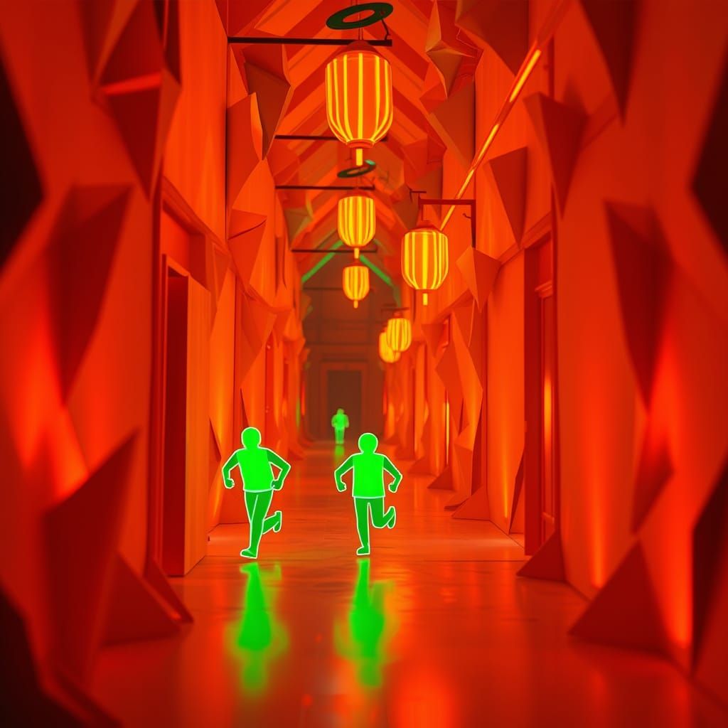 Neon Orange Alley with Green Figures in Origami Style