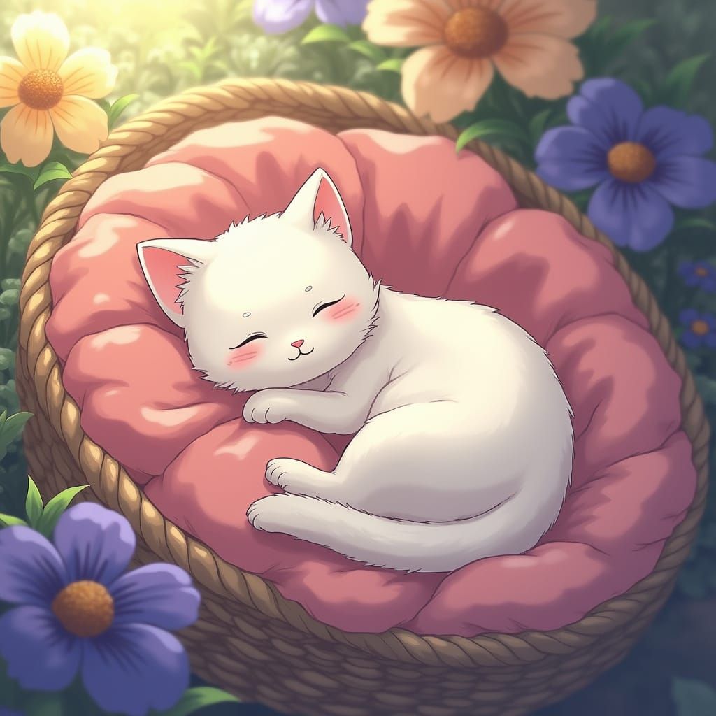 Fluffy White Kitten Sleeping: Anime Style