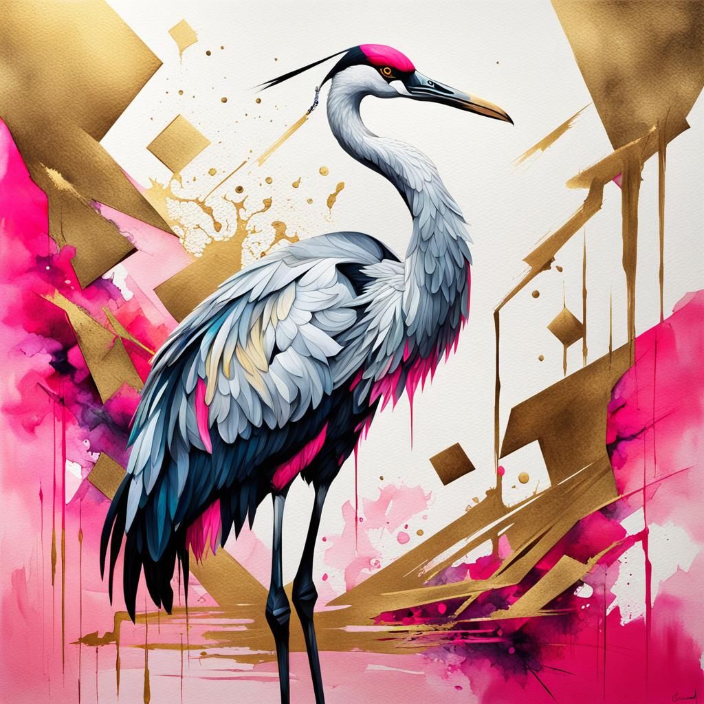 Golden Crane in Cubist Style, Watercolor and Graffiti Art