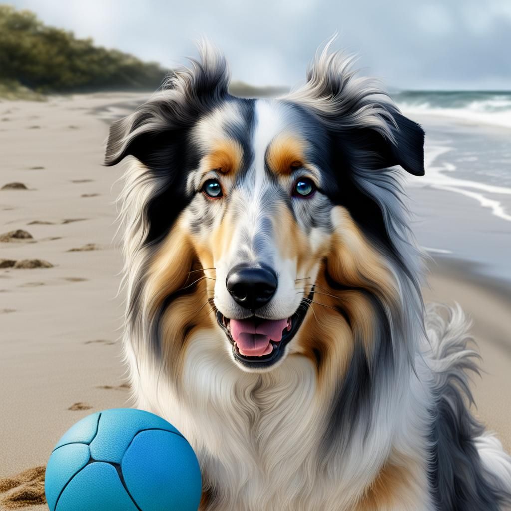 Hyperrealistic Blue Merle Collie Crying on Beach