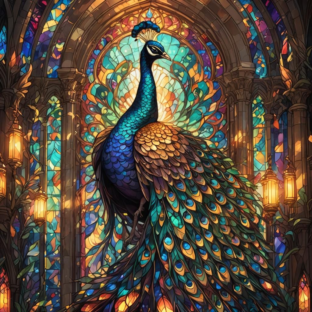 Radiant Peacock in Ornate Stained Glass Art