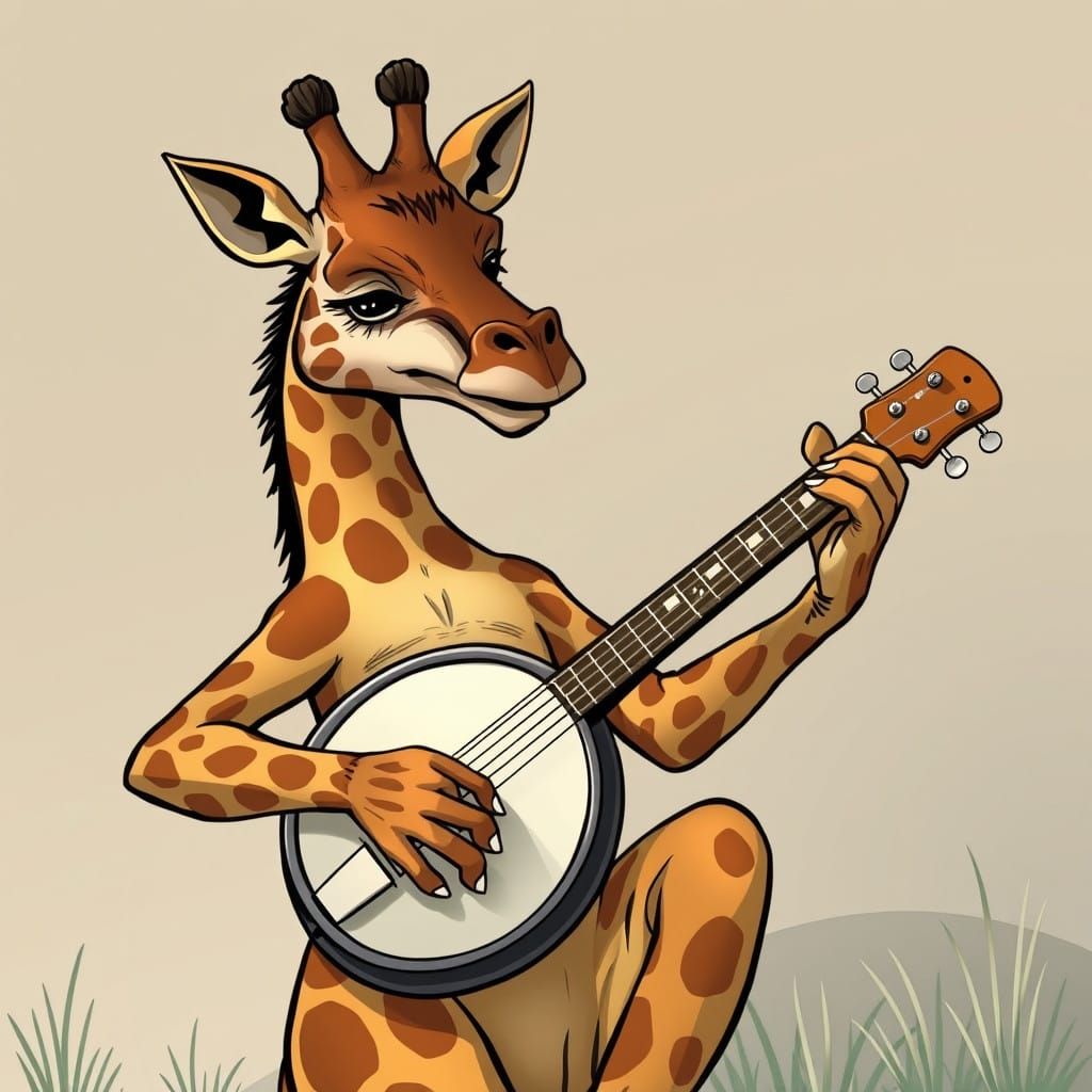 Surreal Cartoon Giraffe-Kangaroo Plays Banjo in Comic Book A...