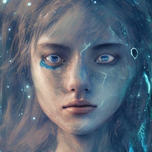 Elven Woman Portrait with Forest Stream, Digital Art