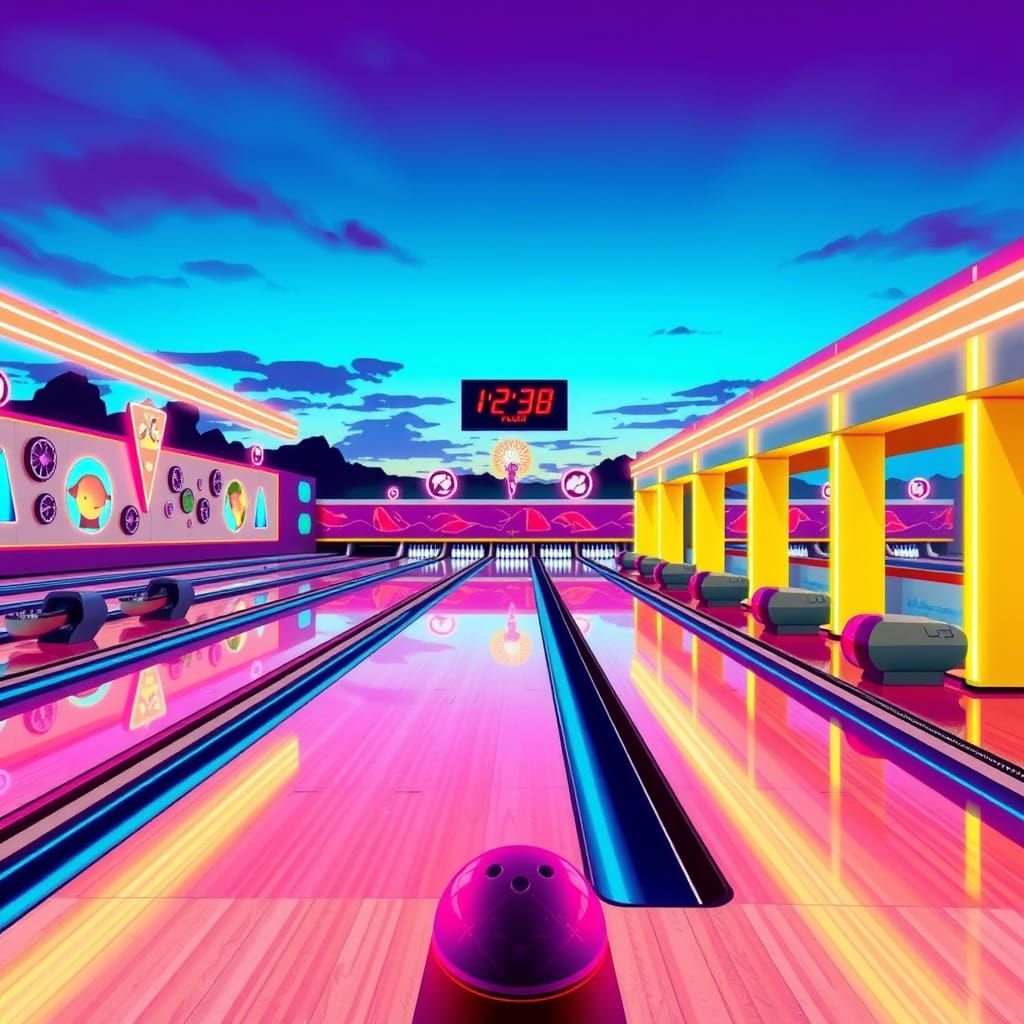 Neon Bowling Alley at Dusk in Retro Futuristic Style
