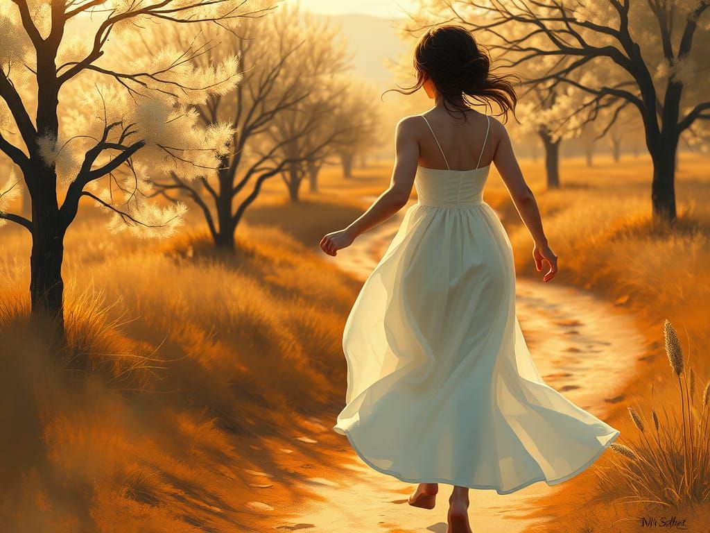 Young Woman Runs Free with Her Silhouette, in a Whimsical Go...