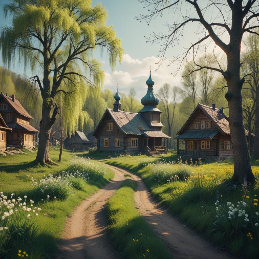 Ethereal Russian Village in Springtime Splendor