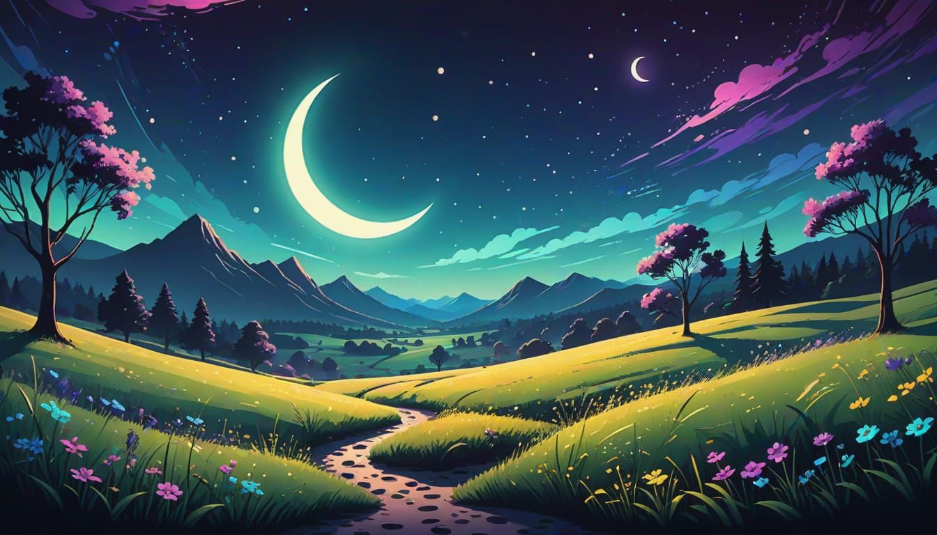 Whimsical Starry Night Meadow in Bold Vector Style