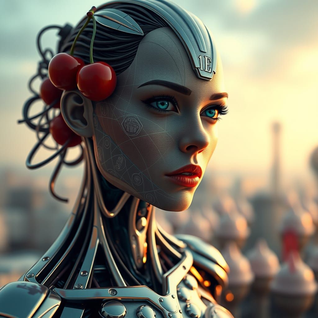 Cyborg Woman with Ice Cream Patterns: Digital Art
