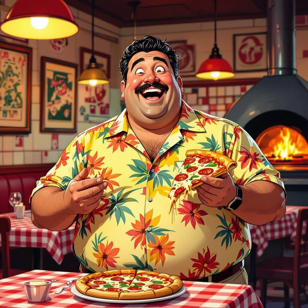 Jovial Man Laughs Holding Pizza in Neon Trattoria