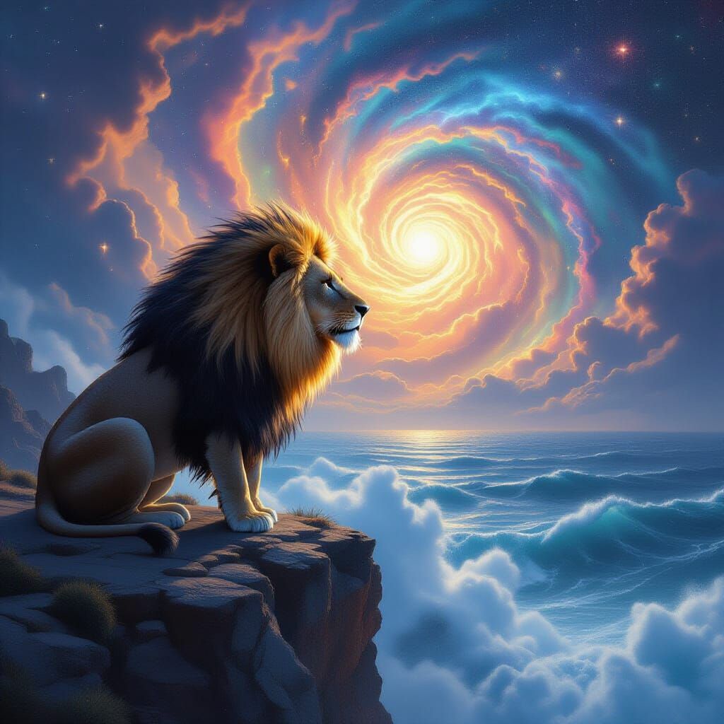 Cosmic Lion on Cliff Overlooking Starry Ocean