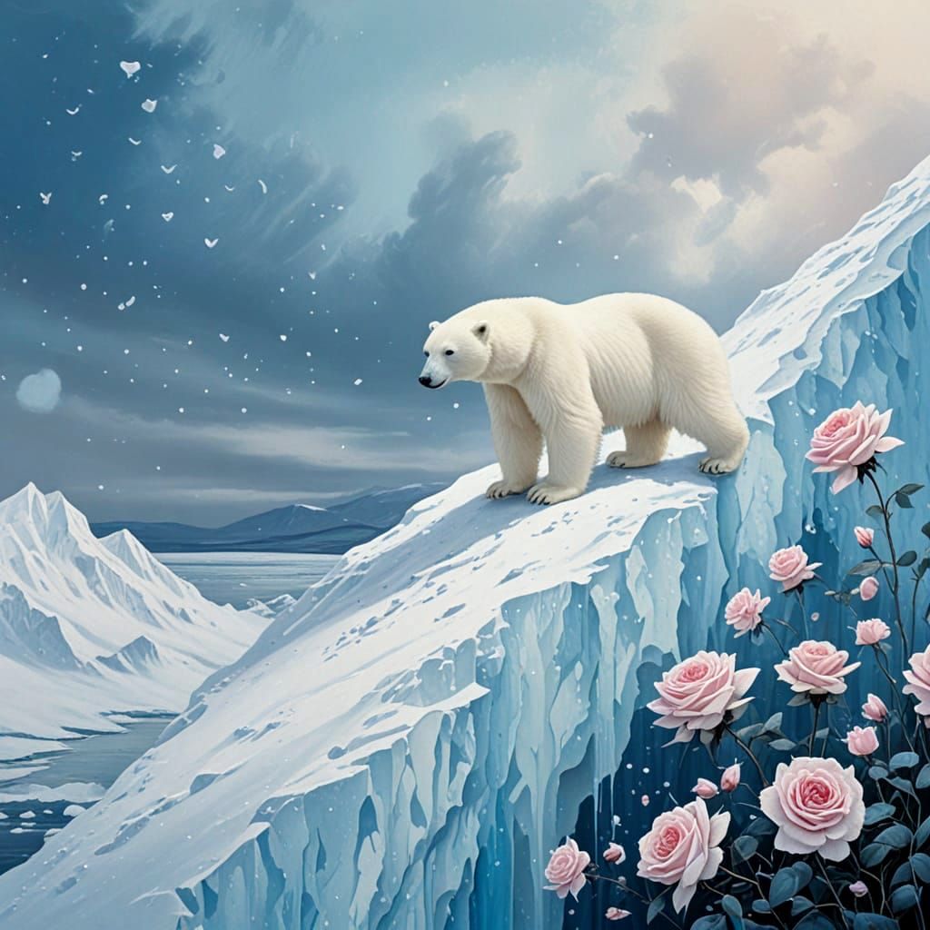 Dreamlike Polar Bear Amidst Enchanted Roses in a Softly Blen...