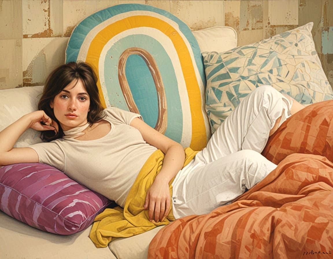 Bored Woman on Groovy Pillows in Abstract Photogravure Colla...