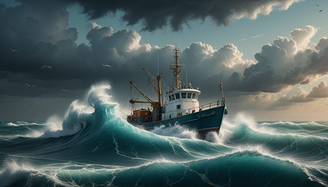 Fish Trawler Caught in White Squall: 3D Render