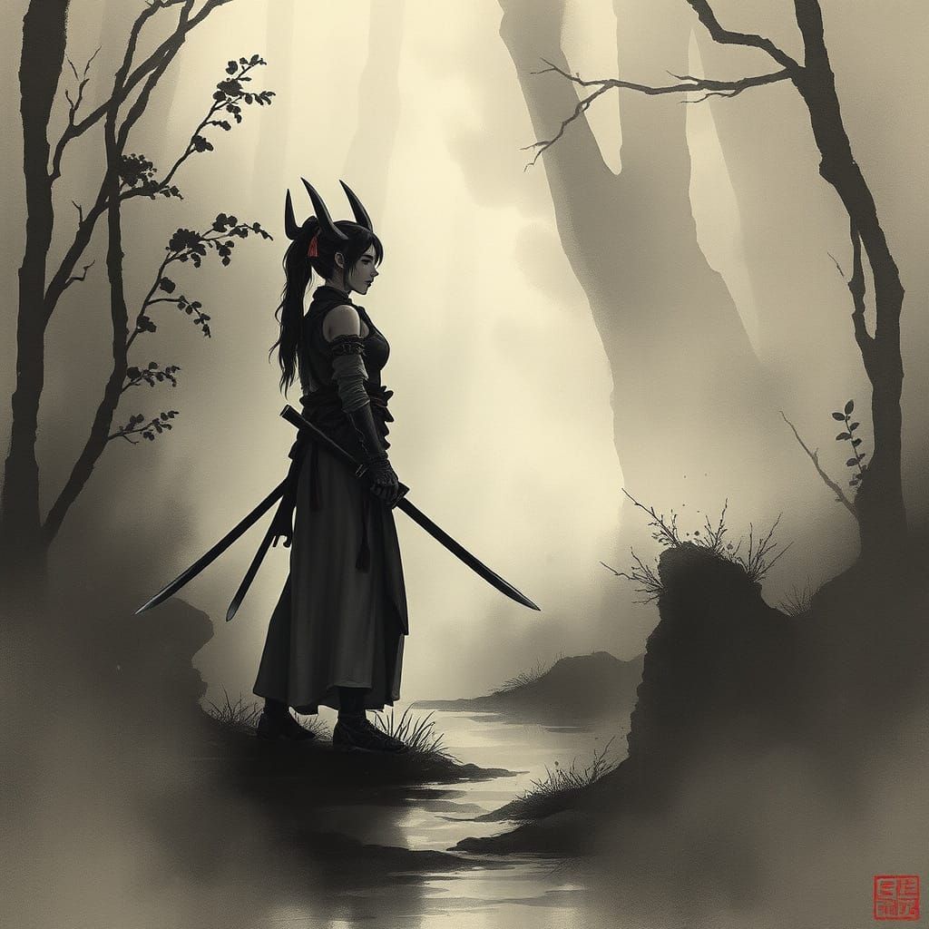Alien Samurai Warrior Woman on Mysterious Path