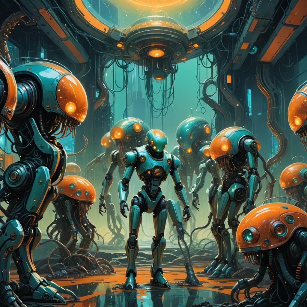 Cephalopod Robots Gathered Around a Glowing Portal