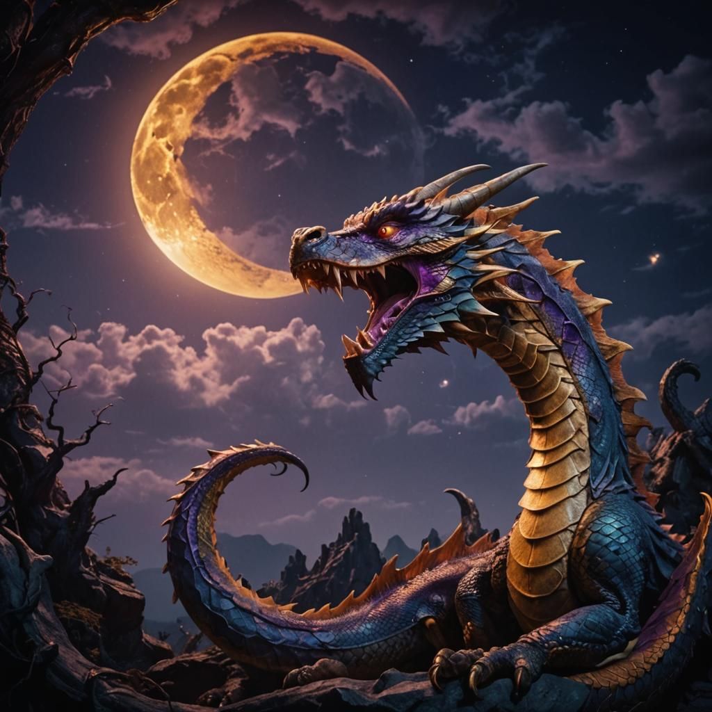 Serpent Dragon Swallowing Moon in Ominous Sky