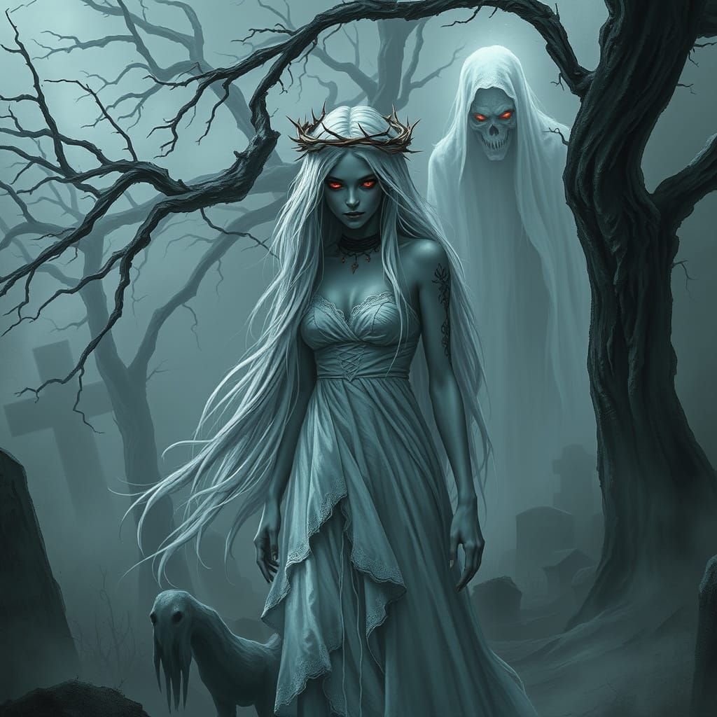 Ethereal Ghost Wandering Through Ancient Cemetery