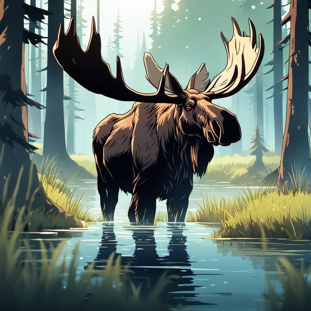 Majestic Moose Grazing: Anime Style Swamp Scene