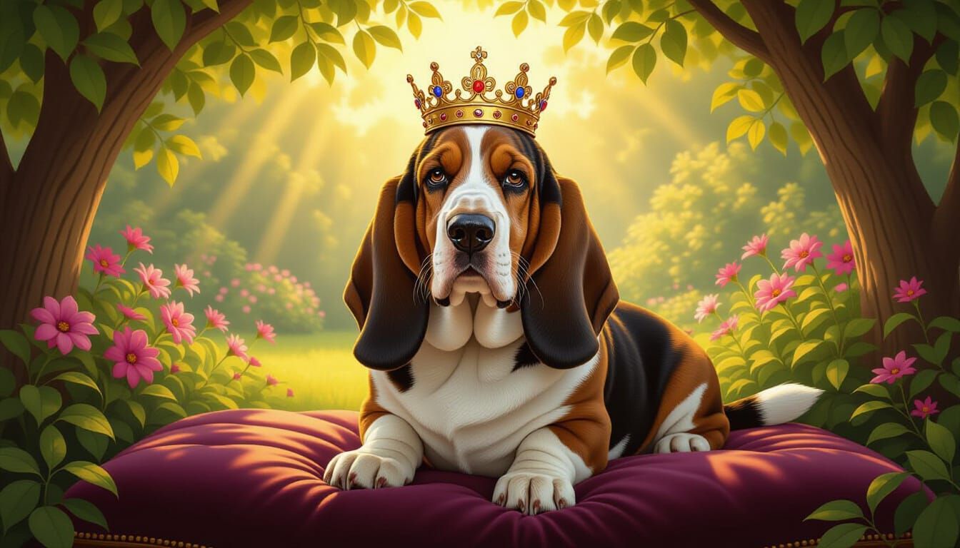 King Basset Hound in Royal Garden Portrait
