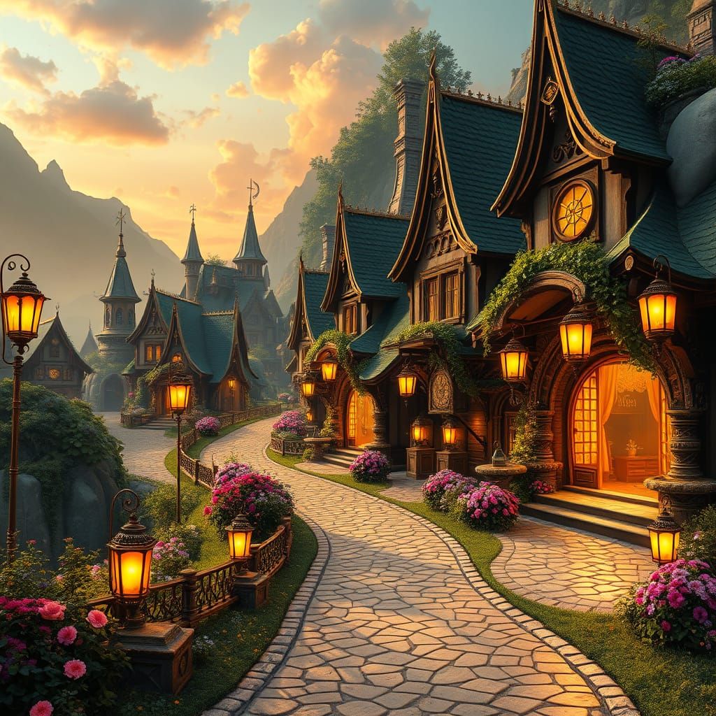 Whimsical Fantasy Town with Golden Hour Magic