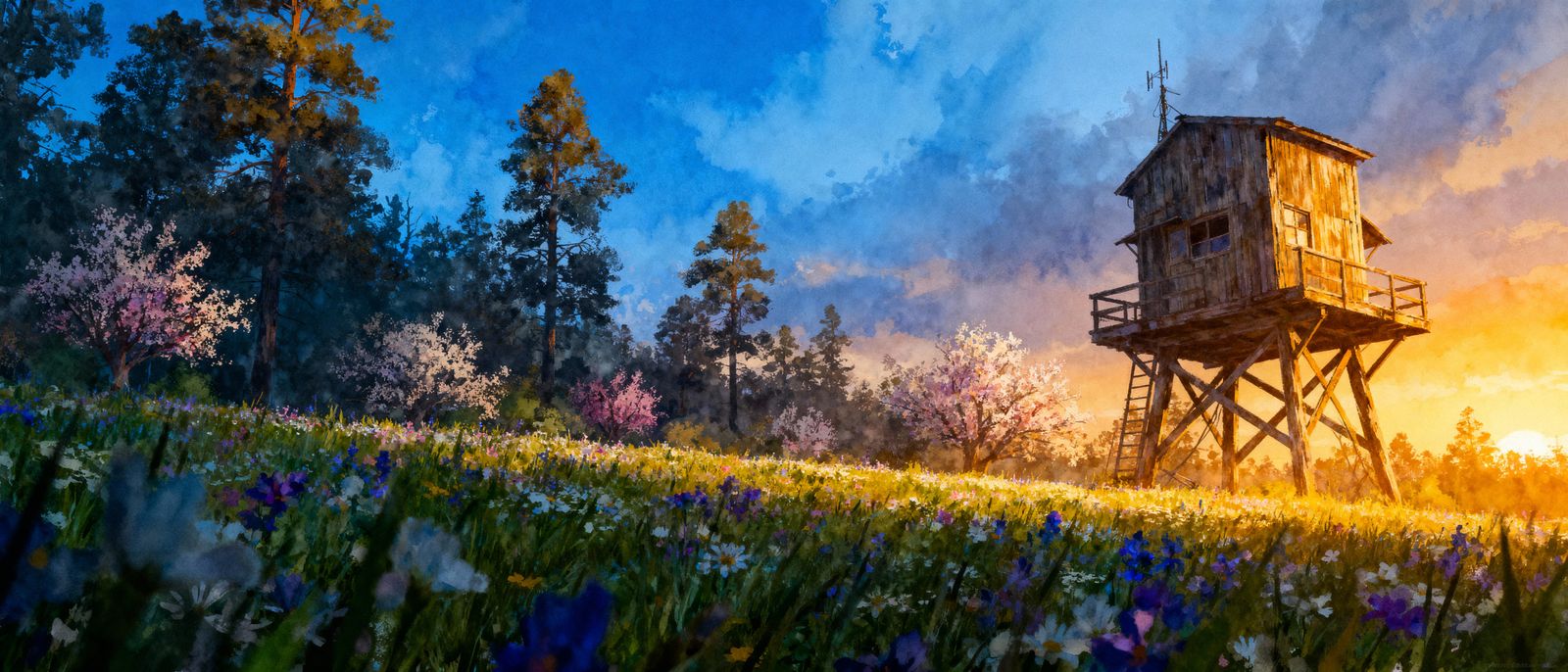 Magical Spring Landscape at Sunset in Vivid Colors