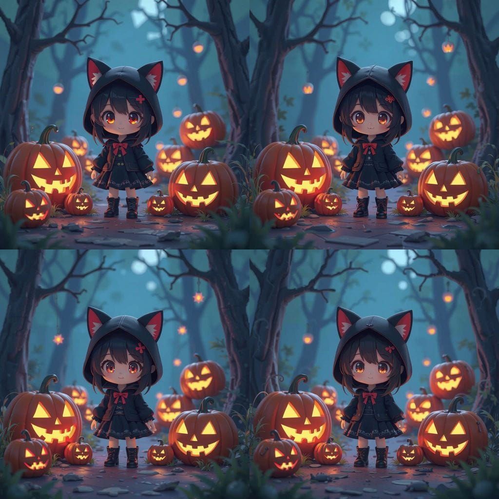 Cute Anime Halloween Character in Spider Web Pumpkin Scene