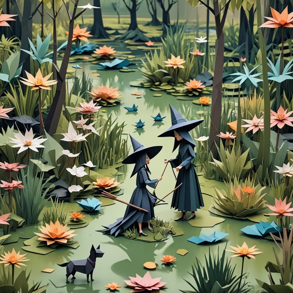 Swamp Witch Gardening with Dog in Origami Style