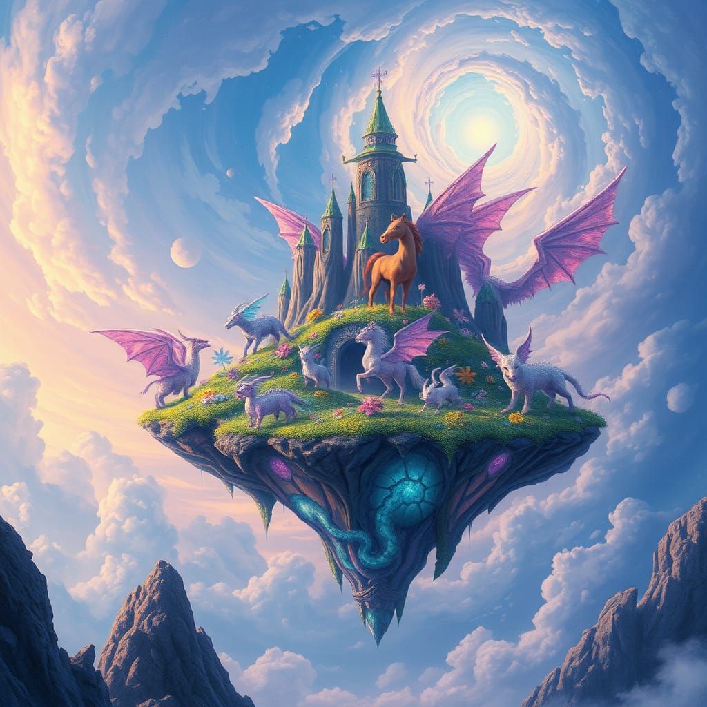 Floating Island of Mythical Creatures in Dreamlike Sky