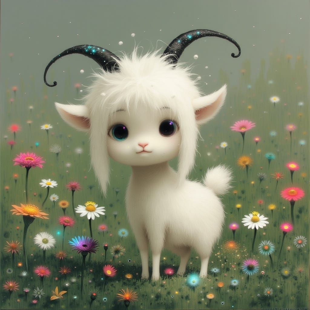 Whimsical Miniature Goat in a Vibrant Dreamlike Meadow