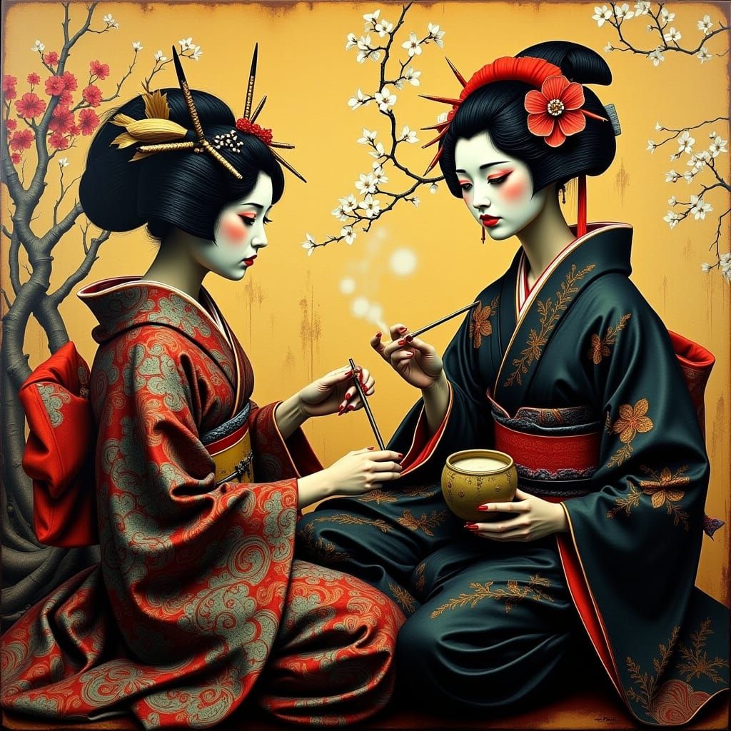Samurai and Geisha in Traditional Japanese Setting