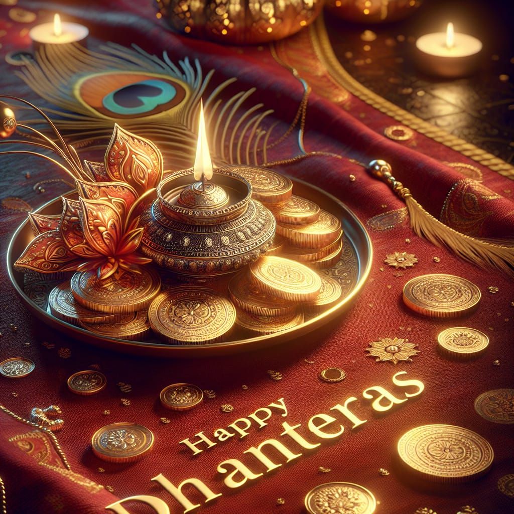 Dhanteras Gold Coins and Diya on Red Velvet