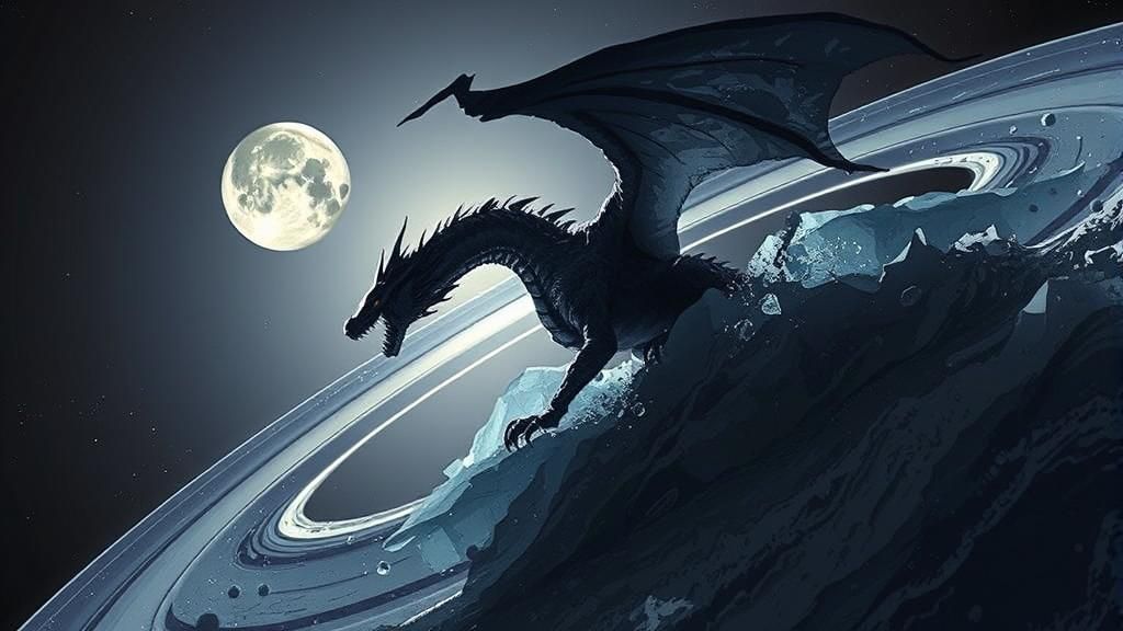 Ice Dragon Surfing Saturn Rings in Anime Style