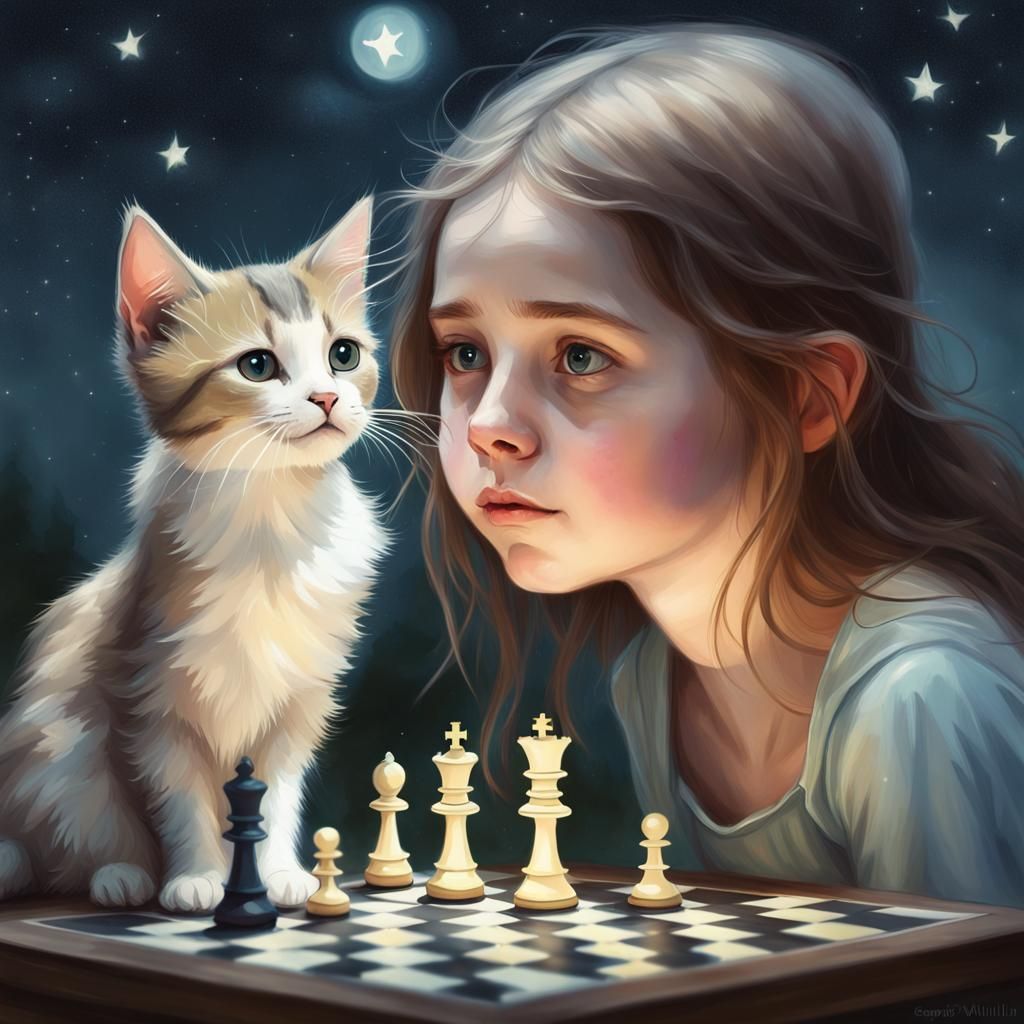 Girl and Kitten Play Chess Under Magic Night