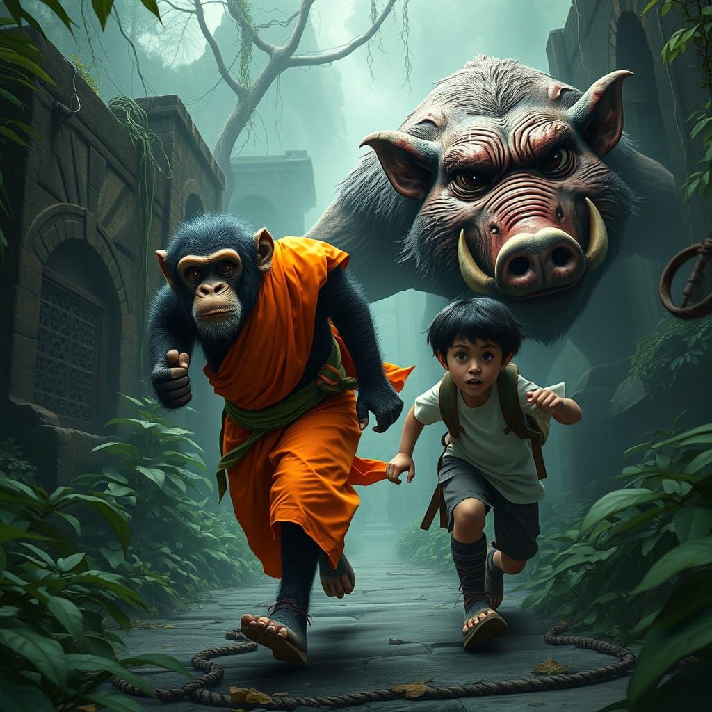 Maze Escape from a Jungle Horror in Vibrant Matte Painting S...