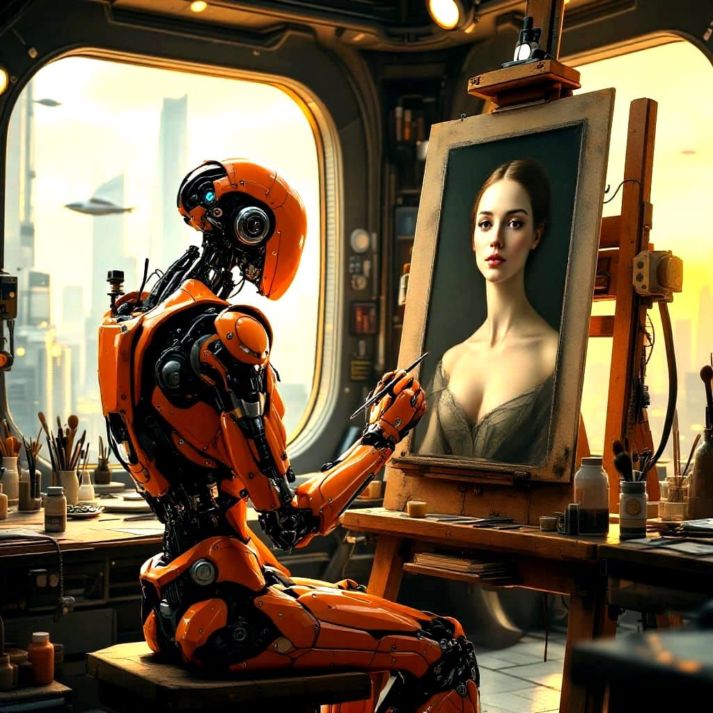 Robot Painter in Futuristic Art Studio