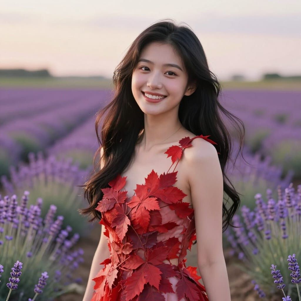 Japanese Woman in Red Leaf Dress Among Lavender Fields
