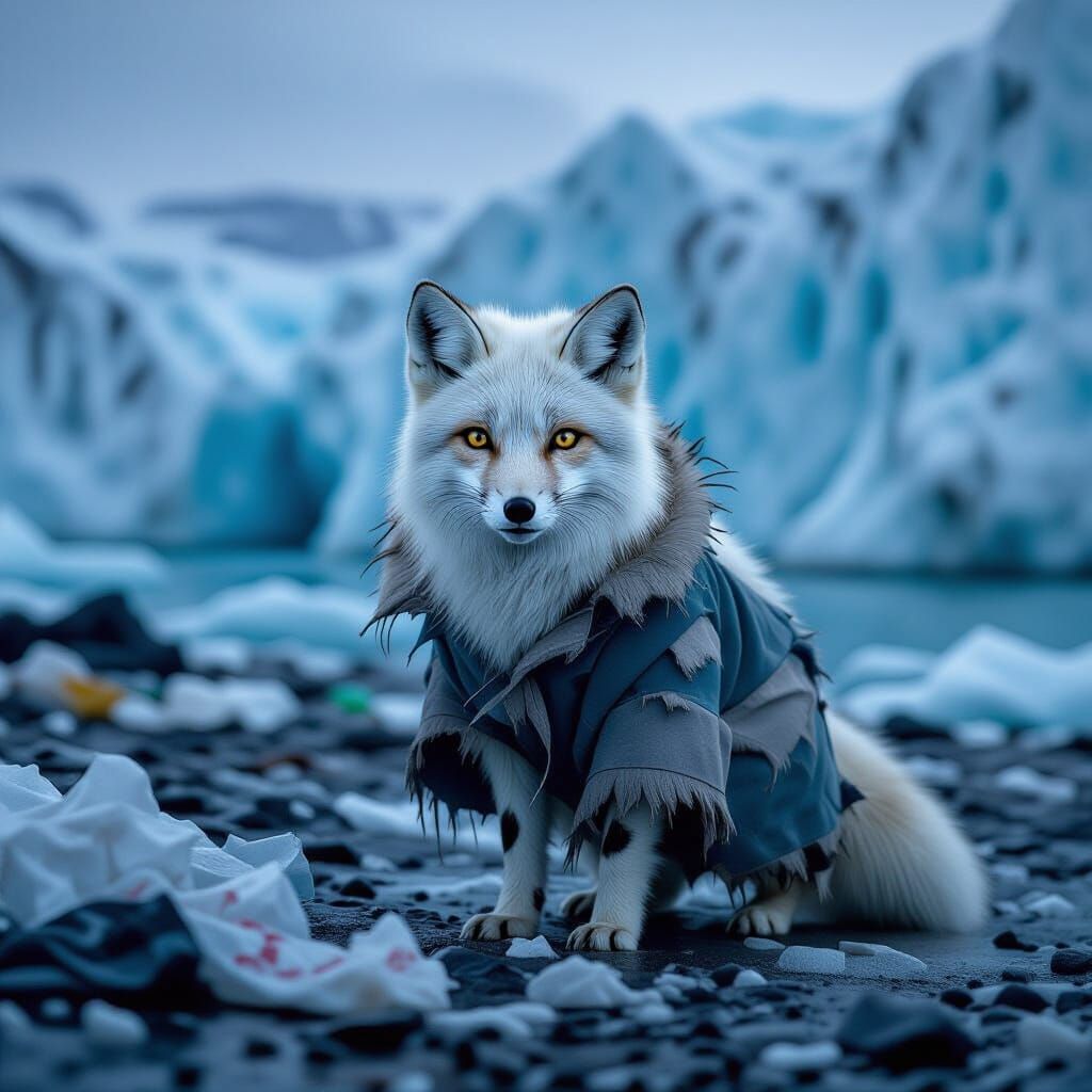 Arctic Fox in Dystopian Glacier Landscape
