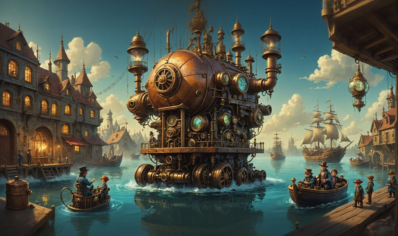 Whimsical Steampunk Android in Water, Detailed Copper and Br...