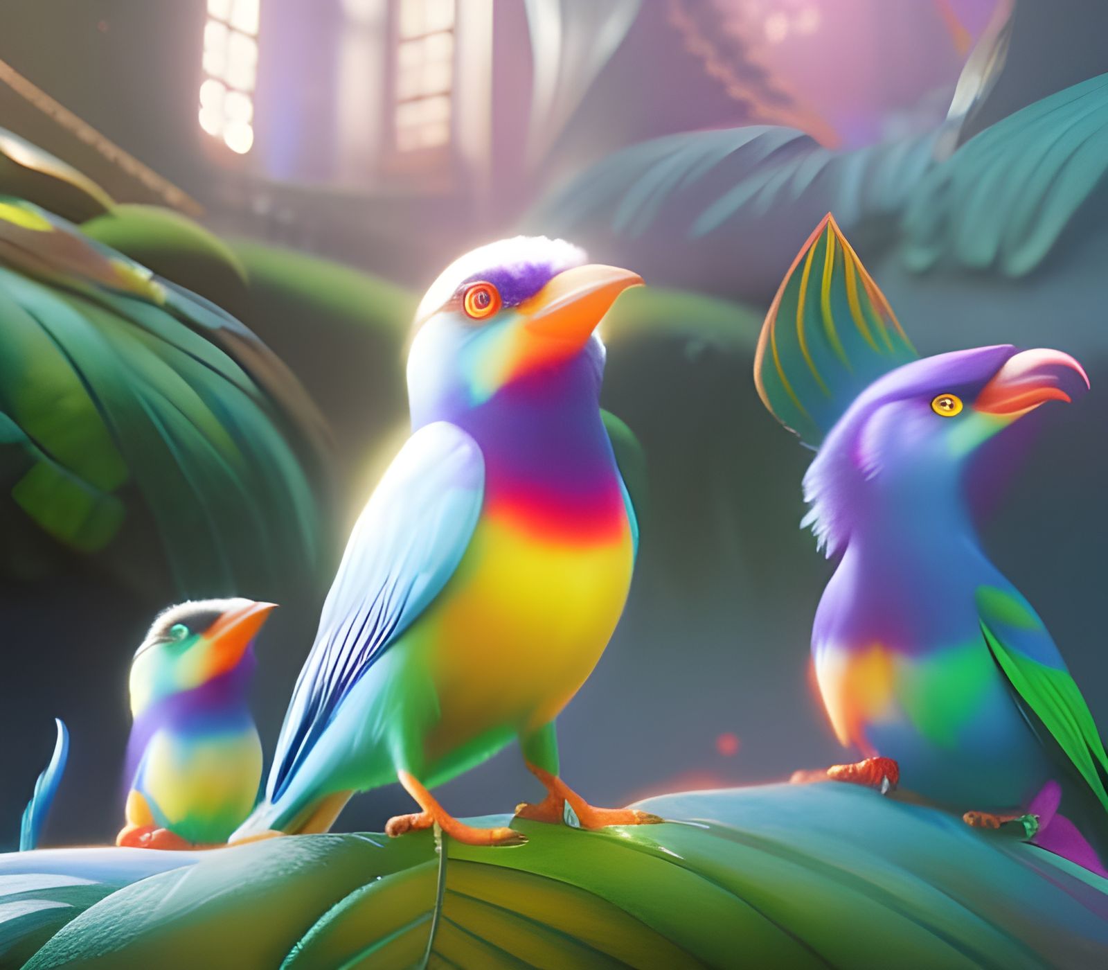 Fantasy Birds in Dark, Detailed 3D Rendering