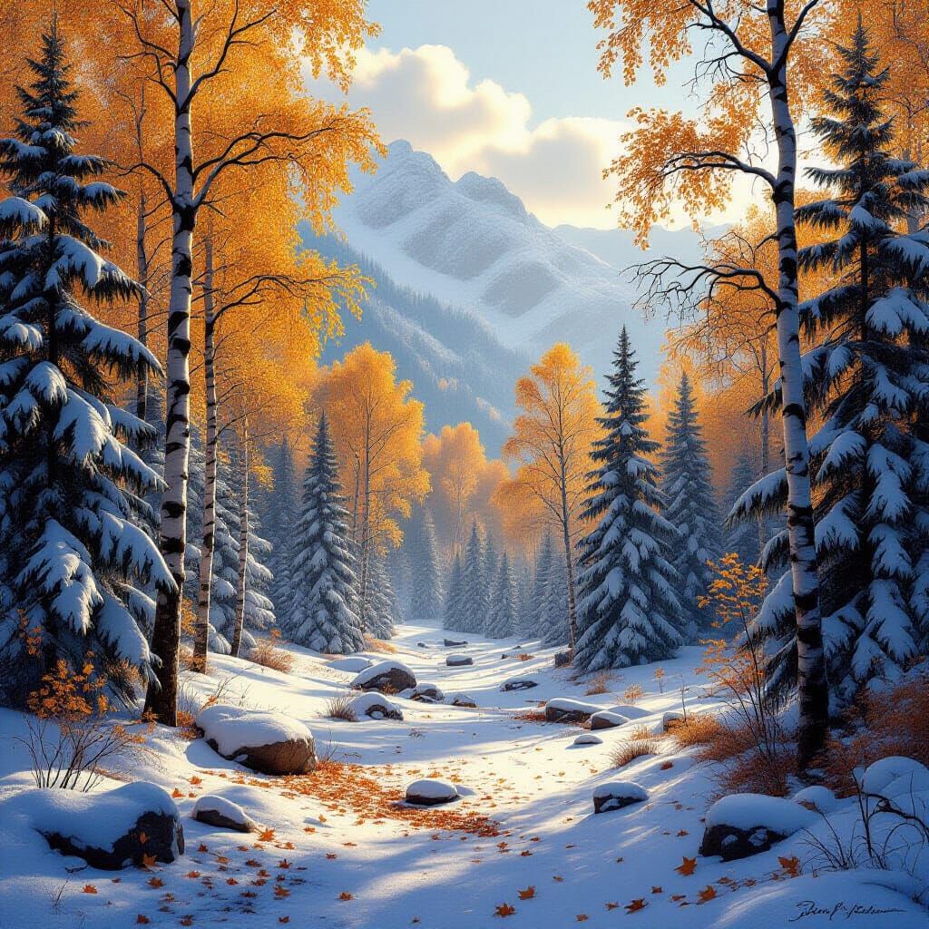 Snow-Dusted Autumn Forest Landscape in Hyperrealistic Style