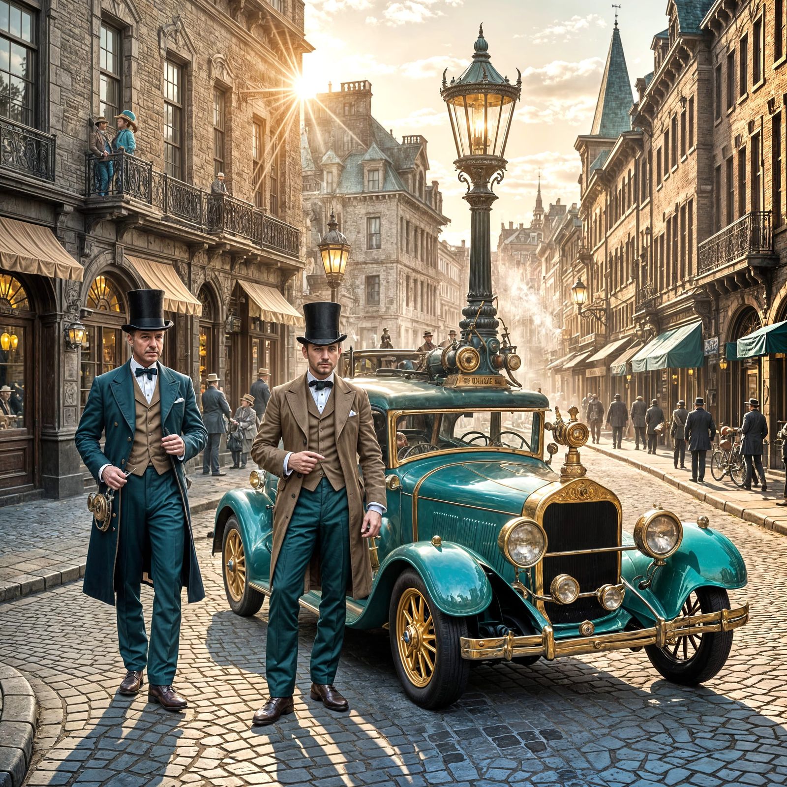 Turquoise Car on Cobblestone Street in Vintage Style