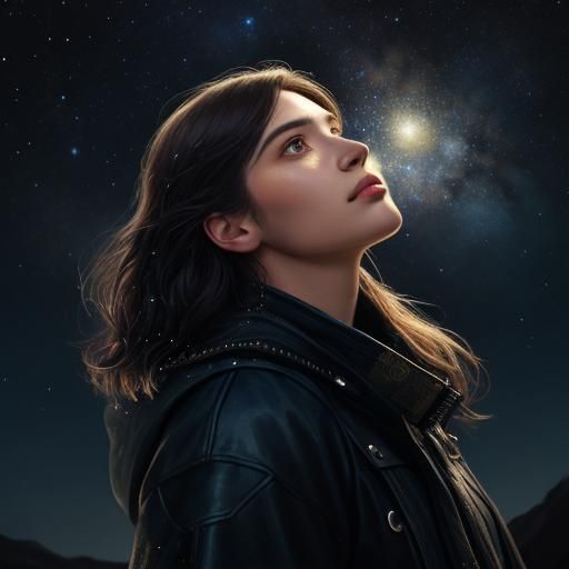 Woman Gazing at Starry Night Sky in Hyperrealism
