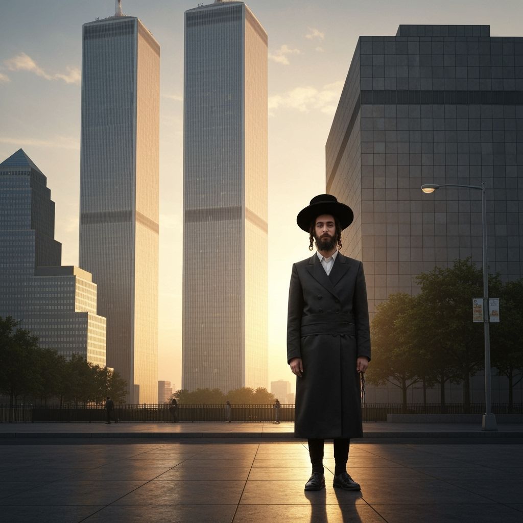 Chassidic Man at Twin Towers in Photorealistic Style