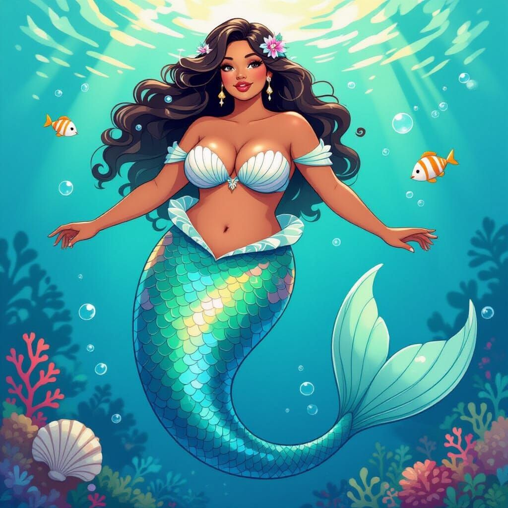 Plus Size Mermaid in Vibrant Illustrative Style