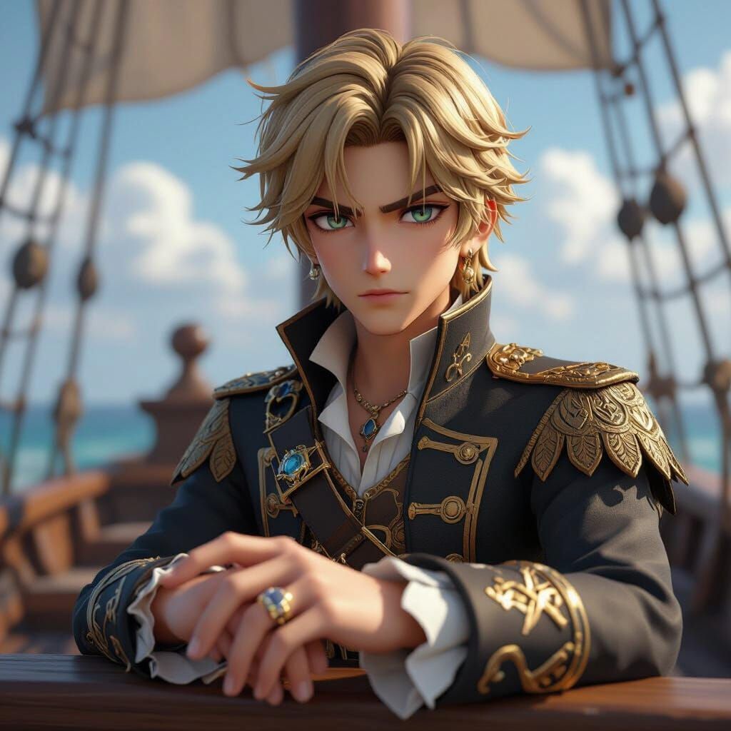 Haughty Prince on Pirate Ship in 3D Anime Style