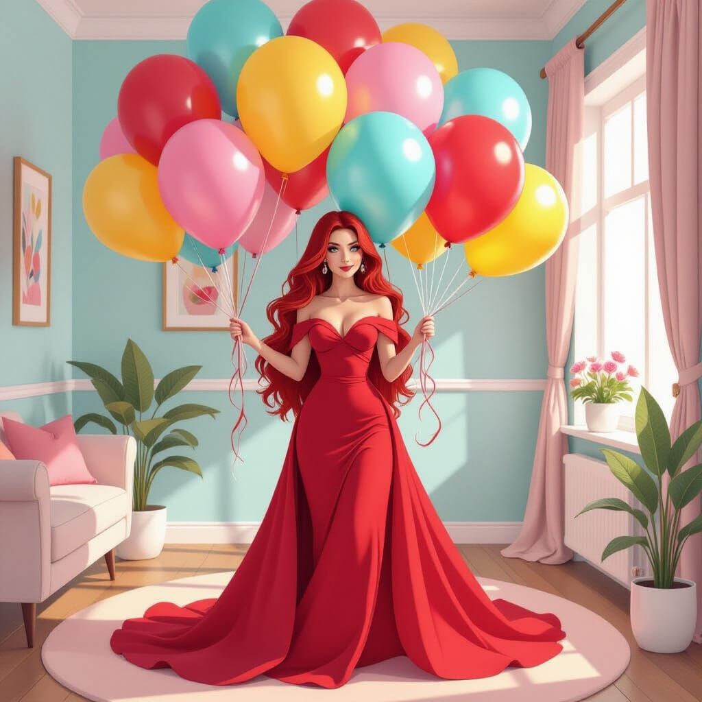 Scarlet Witch Cuddling Balloons, Whimsical Illustration