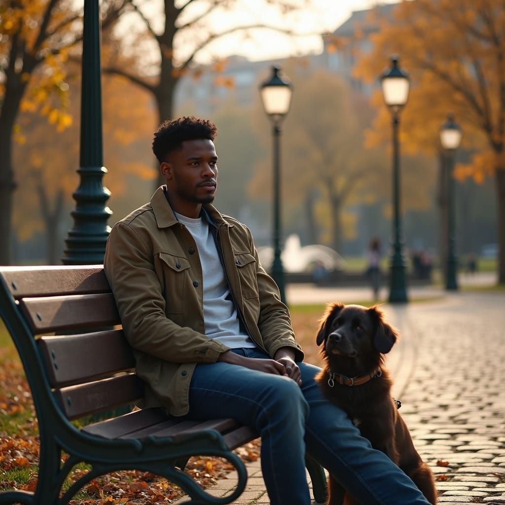 Man and Dog on Park Bench in Autumn Golden Hour