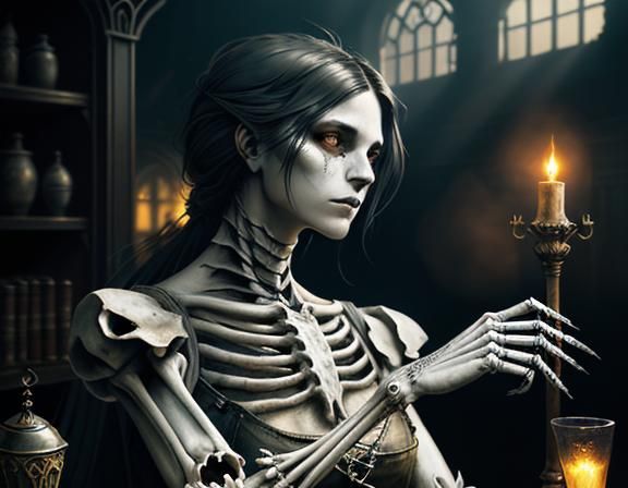 Furry Skeleton Cleaning Bones: Dark Fantasy Concept Art