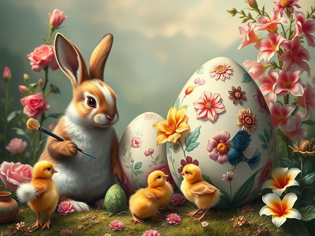 Painting Easter Eggs: A Whimsical Vintage Scene